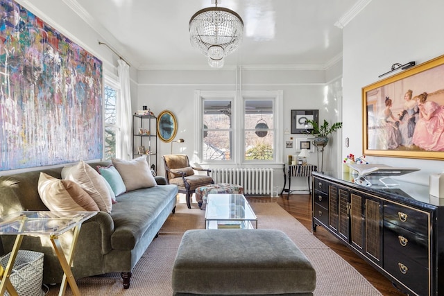 living area with dark wood-style floors, crown molding, radiator heating unit, and an inviting chandelier