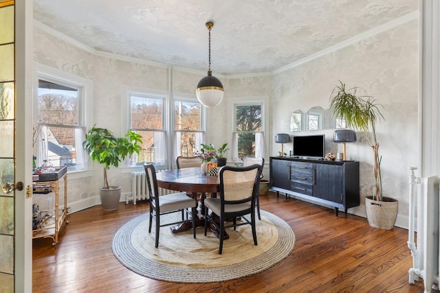 dining area featuring crown molding, baseboards, radiator heating unit, and hardwood / wood-style floors