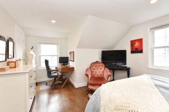 bedroom with lofted ceiling, baseboards, wood finished floors, and recessed lighting