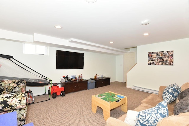 living area with carpet floors, a baseboard radiator, and recessed lighting