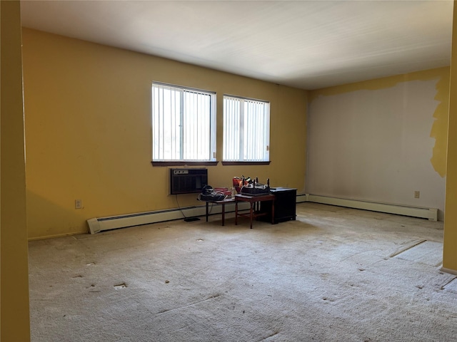 interior space with a baseboard radiator, carpet, and a wall mounted AC