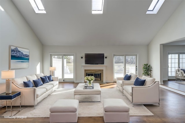 living area featuring a skylight, a wealth of natural light, and a high end fireplace