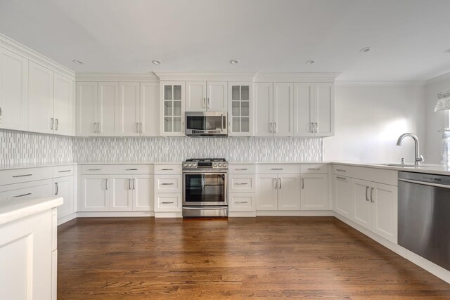 kitchen featuring white cabinets, appliances with stainless steel finishes, dark wood-style flooring, a sink, and backsplash