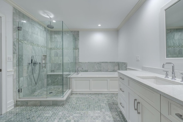 bathroom featuring recessed lighting, vanity, a bath, a stall shower, and crown molding