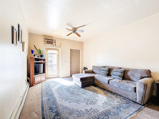 living area featuring a baseboard heating unit, a ceiling fan, carpet flooring, and a wall mounted AC