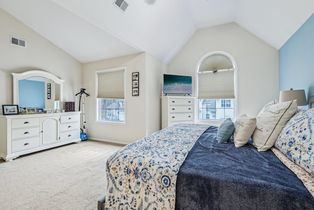 bedroom featuring carpet, visible vents, and vaulted ceiling