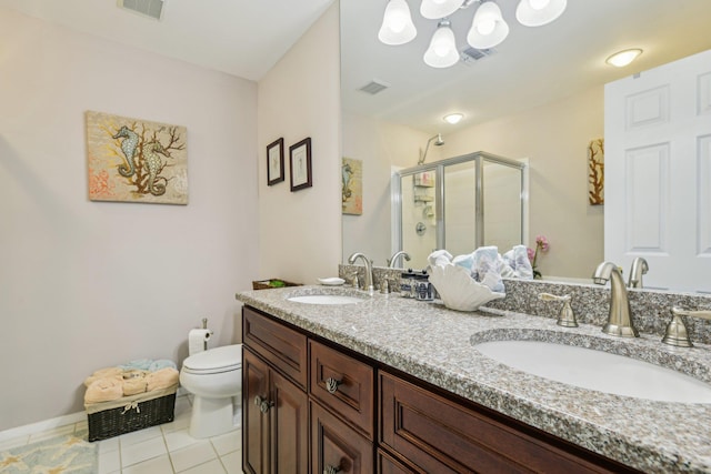 full bath with toilet, a sink, visible vents, and a shower stall