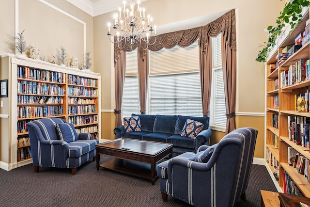 living area with carpet, a chandelier, baseboards, and ornamental molding