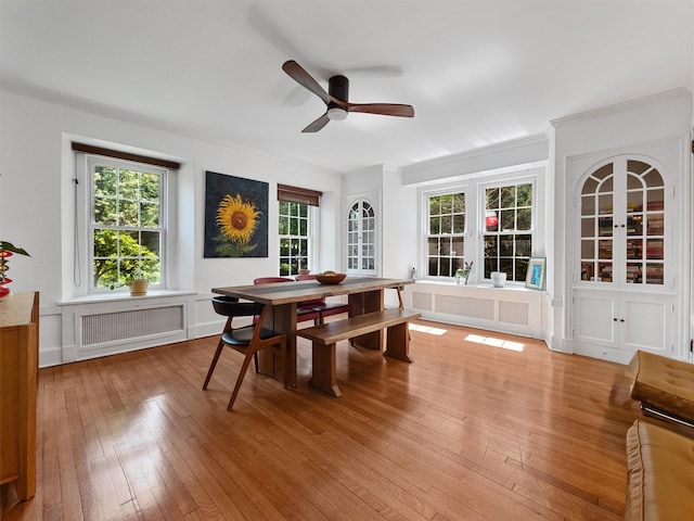 1 Finnegan Ln, Montebello, NY 10901 - dining space featuring ceiling fan, light wood-type flooring, radiator heating unit, and healthy amount of natural light