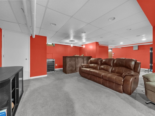 1 Finnegan Ln, Montebello, NY 10901 - home theater room with beverage cooler, carpet floors, a bar, recessed lighting, and a paneled ceiling