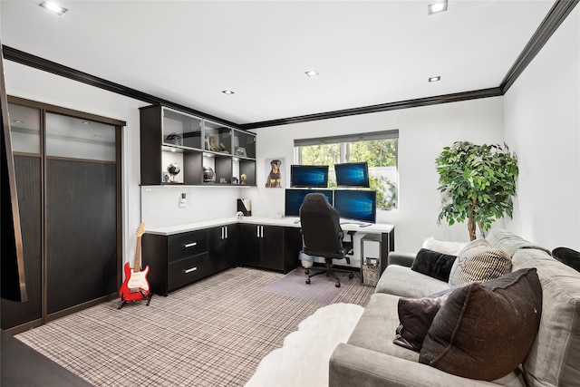 office space with crown molding and light colored carpet