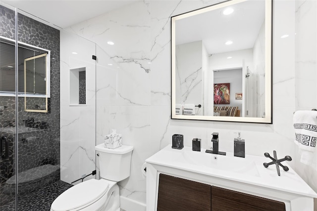 ensuite bathroom featuring ensuite bathroom, toilet, recessed lighting, tile walls, and a marble finish shower