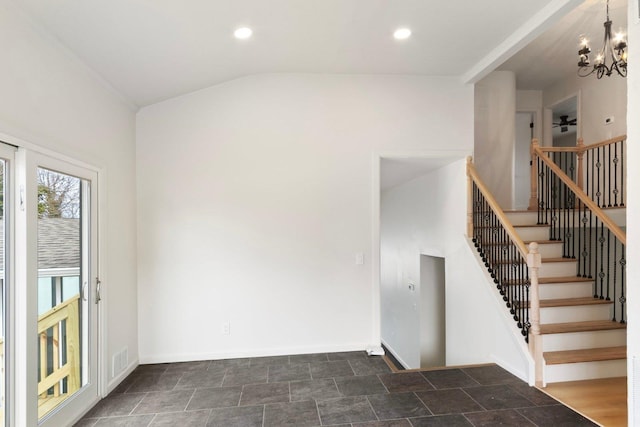 empty room featuring recessed lighting, visible vents, a chandelier, baseboards, and stairs