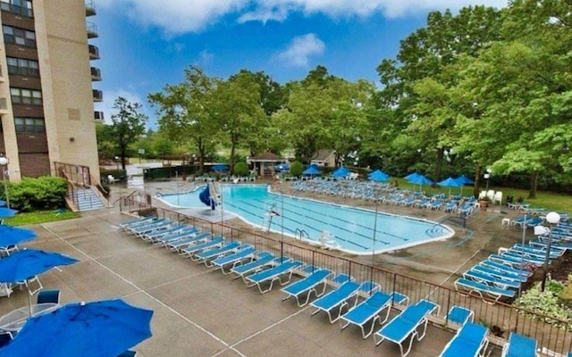 view of swimming pool featuring fence