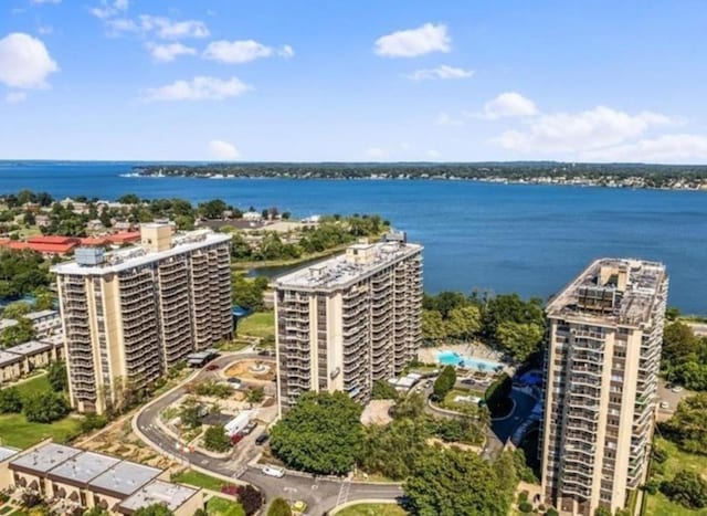 aerial view featuring a view of city and a water view