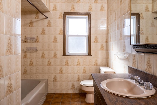 full bathroom featuring a washtub, tile walls, toilet, tile patterned flooring, and walk in shower