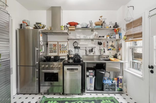 kitchen featuring stainless steel appliances, light floors, open shelves, and range hood