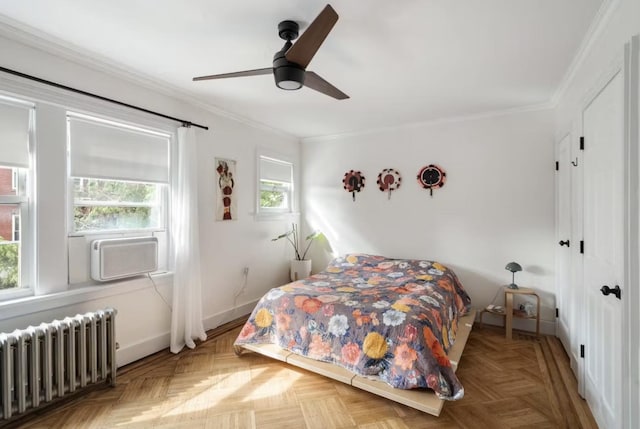 bedroom with radiator, baseboards, ornamental molding, and cooling unit