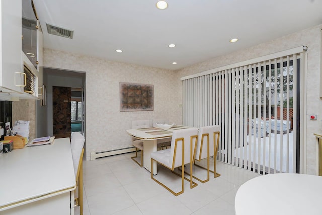 dining space featuring visible vents, recessed lighting, wallpapered walls, and a baseboard heating unit