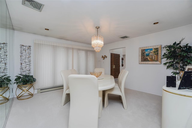 dining area with visible vents, light colored carpet, baseboard heating, and an inviting chandelier