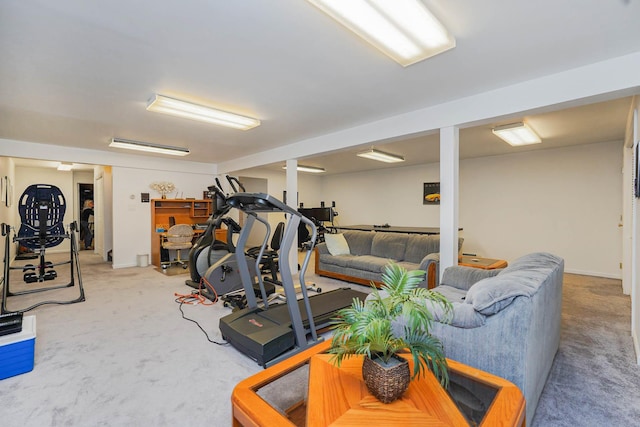 exercise room featuring light carpet