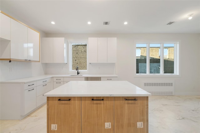 kitchen with visible vents, marble finish floor, radiator heating unit, and a sink