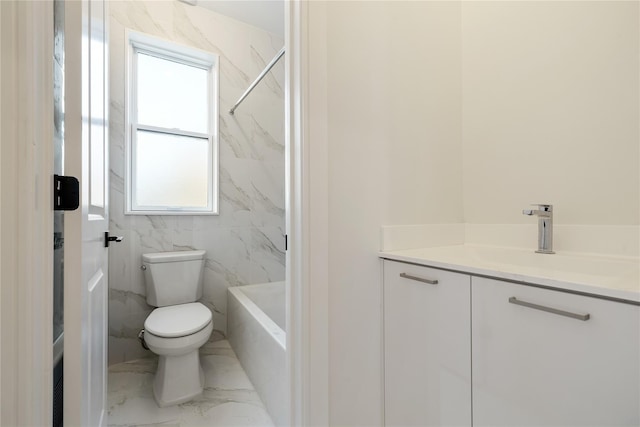 full bath with vanity, toilet, marble finish floor, and shower / bathtub combination