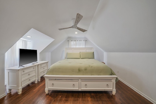 bedroom featuring lofted ceiling, ceiling fan, dark wood finished floors, and baseboards