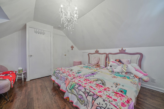 bedroom with a notable chandelier, baseboards, vaulted ceiling, and wood finished floors