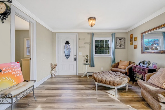 entrance foyer with light wood-type flooring, baseboards, ornamental molding, and a baseboard heating unit