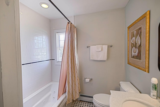 full bathroom with vanity, baseboards, shower / bath combination with curtain, toilet, and baseboard heating