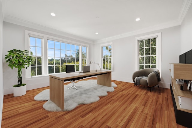 office area with light wood finished floors, recessed lighting, baseboards, and ornamental molding