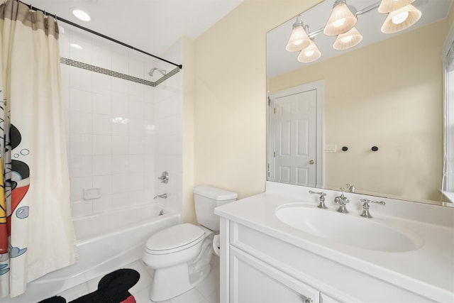 full bathroom with tile patterned flooring, shower / tub combo, toilet, and vanity