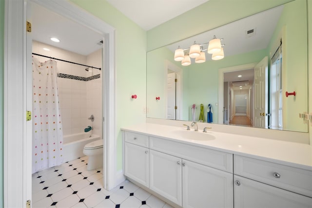 full bath with visible vents, toilet, shower / tub combo with curtain, tile patterned floors, and vanity