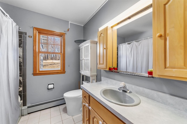 bathroom featuring tile patterned floors, toilet, a shower with shower curtain, baseboard heating, and vanity