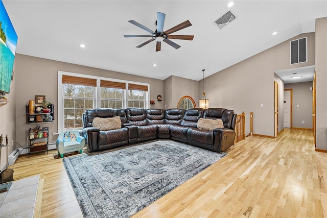 living area featuring lofted ceiling, light wood-style flooring, recessed lighting, and visible vents