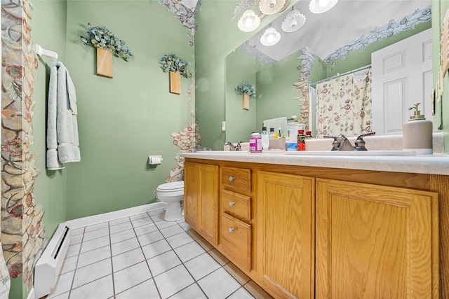 bathroom featuring toilet, a baseboard heating unit, a shower with shower curtain, tile patterned flooring, and double vanity