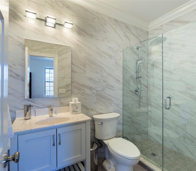 full bath with a stall shower, toilet, ornamental molding, vanity, and tile walls