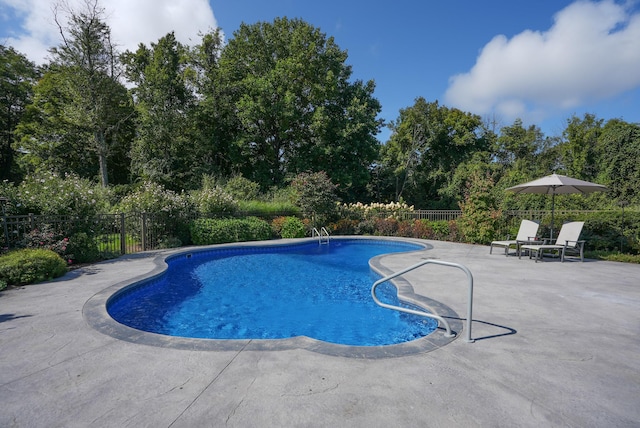 view of swimming pool featuring a patio area, fence, and a fenced in pool