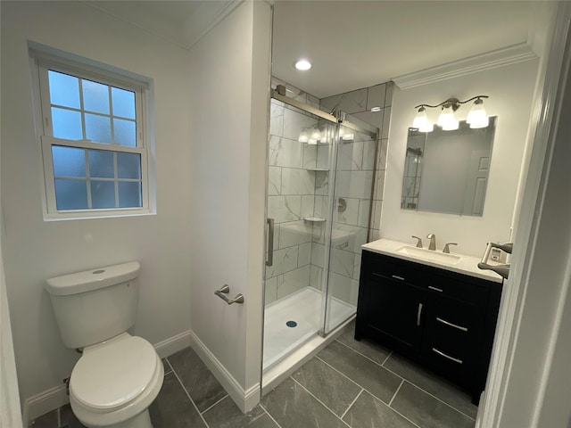 full bath featuring toilet, a shower stall, baseboards, and crown molding