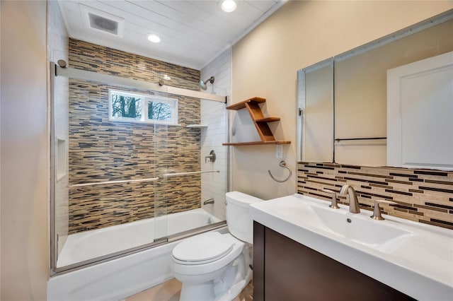 full bath with tasteful backsplash, visible vents, toilet, enclosed tub / shower combo, and vanity