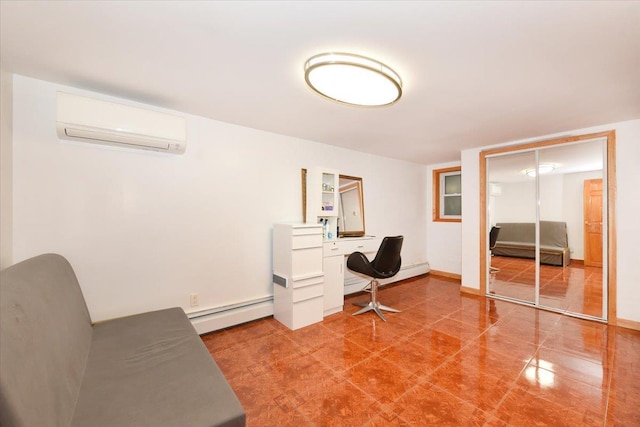 office featuring a wall unit AC, baseboards, and baseboard heating