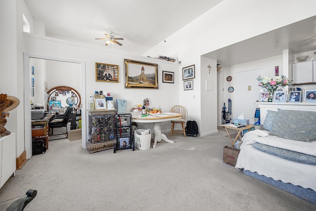 living room with carpet floors and a ceiling fan