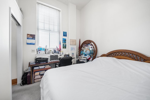 bedroom featuring light carpet and a closet