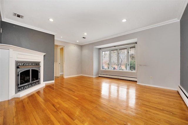 unfurnished living room featuring a fireplace with raised hearth, light wood-type flooring, a baseboard radiator, and visible vents