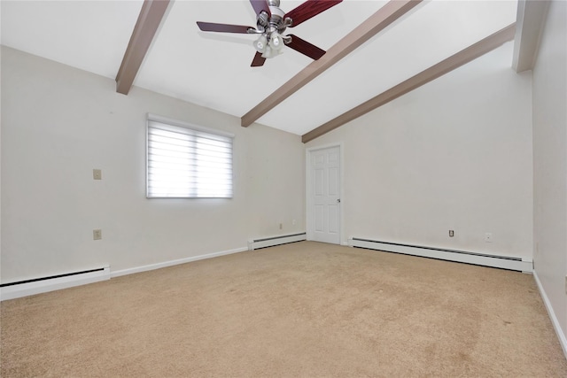 spare room featuring carpet, lofted ceiling with beams, and baseboard heating