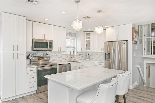 kitchen featuring stainless steel appliances, a sink, visible vents, white cabinetry, and tasteful backsplash