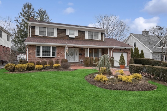 traditional-style home featuring an attached garage, brick siding, a shingled roof, a front lawn, and a chimney