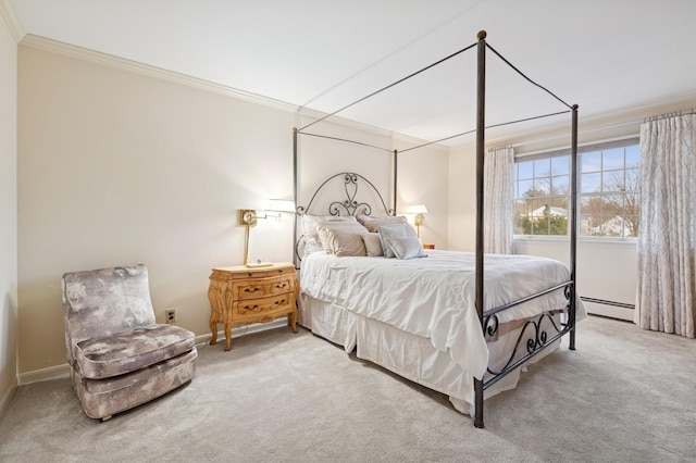 bedroom with carpet, crown molding, baseboards, and a baseboard radiator