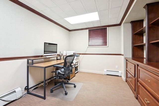 office featuring ornamental molding, light carpet, and baseboard heating